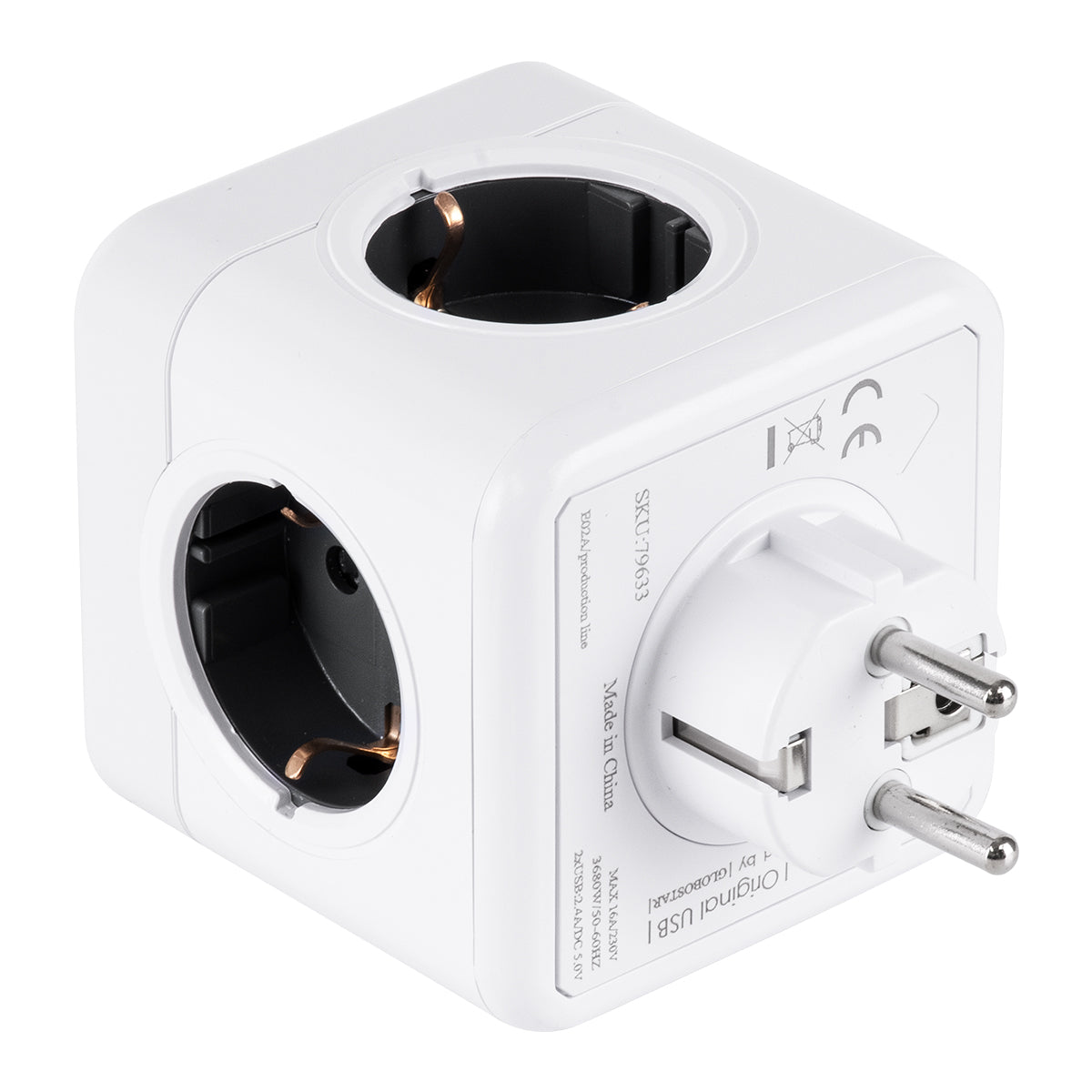 POWERCUBE 79633 Πολύπριζο 6 Θέσεων με 2 x Πρίζες DC 5V USB 2.0 & 4 x EU Schuko Πρίζες Ασφαλείας Childproof AC 220-240V 3680W/16A Max Load IP20 - Λευκό & Γκρι - Μ7.5 x Π11.5 x Υ7.5