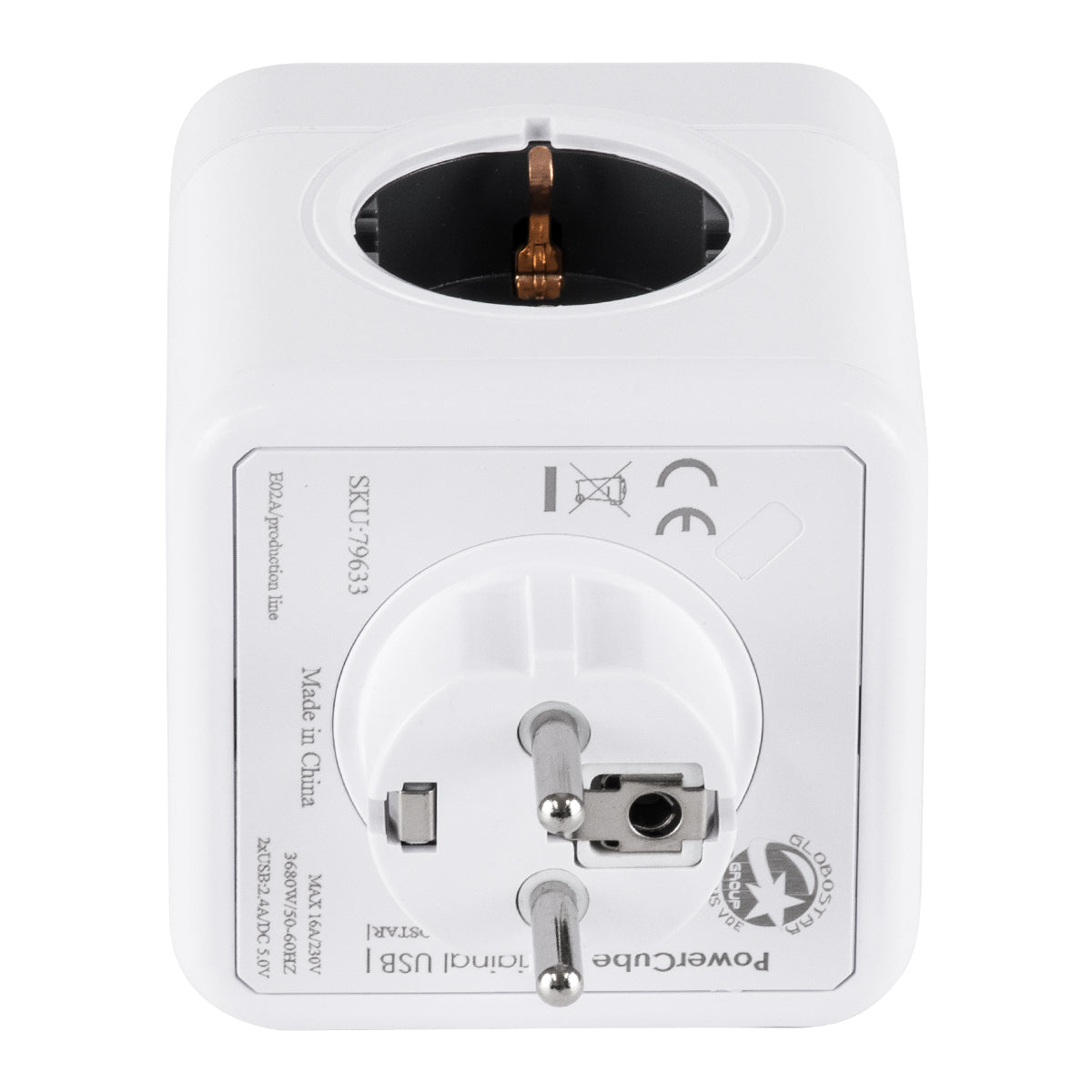 POWERCUBE 79633 Πολύπριζο 6 Θέσεων με 2 x Πρίζες DC 5V USB 2.0 & 4 x EU Schuko Πρίζες Ασφαλείας Childproof AC 220-240V 3680W/16A Max Load IP20 - Λευκό & Γκρι - Μ7.5 x Π11.5 x Υ7.5