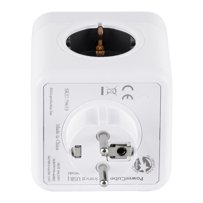 POWERCUBE 79633 Πολύπριζο 6 Θέσεων με 2 x Πρίζες DC 5V USB 2.0 & 4 x EU Schuko Πρίζες Ασφαλείας Childproof AC 220-240V 3680W/16A Max Load IP20 - Λευκό & Γκρι - Μ7.5 x Π11.5 x Υ7.5