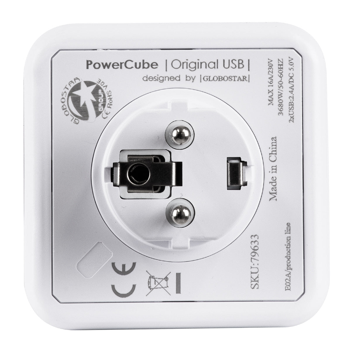 POWERCUBE 79633 Πολύπριζο 6 Θέσεων με 2 x Πρίζες DC 5V USB 2.0 & 4 x EU Schuko Πρίζες Ασφαλείας Childproof AC 220-240V 3680W/16A Max Load IP20 - Λευκό & Γκρι - Μ7.5 x Π11.5 x Υ7.5