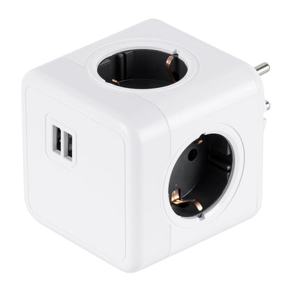 POWERCUBE 79633 Πολύπριζο 6 Θέσεων με 2 x Πρίζες DC 5V USB 2.0 & 4 x EU Schuko Πρίζες Ασφαλείας Childproof AC 220-240V 3680W/16A Max Load IP20 - Λευκό & Γκρι - Μ7.5 x Π11.5 x Υ7.5