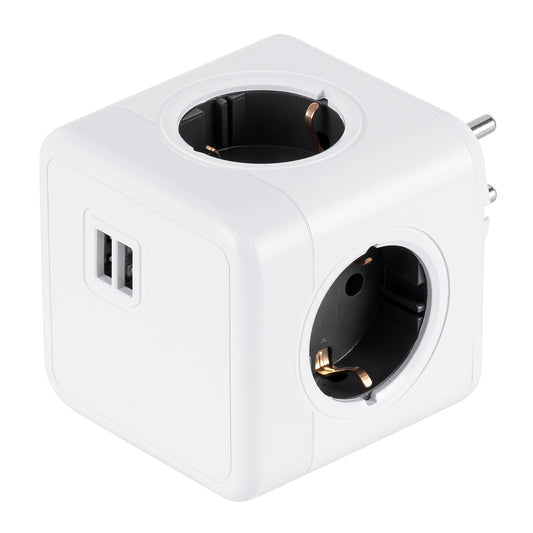 POWERCUBE 79633 Πολύπριζο 6 Θέσεων με 2 x Πρίζες DC 5V USB 2.0 & 4 x EU Schuko Πρίζες Ασφαλείας Childproof AC 220-240V 3680W/16A Max Load IP20 - Λευκό & Γκρι - Μ7.5 x Π11.5 x Υ7.5