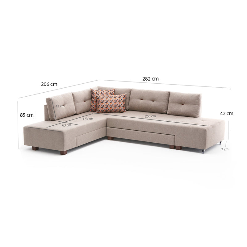 Γωνιακός Καναπές - Κρεβάτι Manama Αριστερή Γωνία Υφασμάτινος Χρώμα Κρεμ 280X206X85