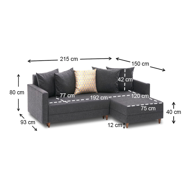 Γωνιακός Καναπές - Κρεβάτι Aydam Δεξιά Γωνία Υφασμάτινος Με Αποθηκευτικό Χώρο Χρώμα Ανθρακί 215X150X80