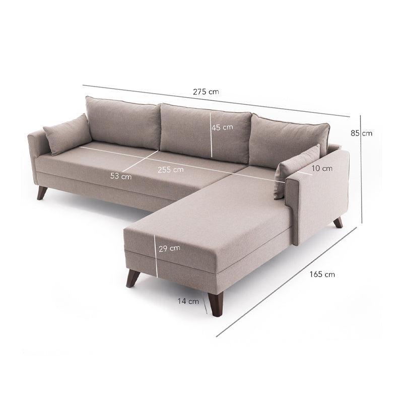 Γωνιακός Καναπές Bella Δεξιά Γωνία Υφασμάτινος Χρώμα Κρεμ 275x165x85