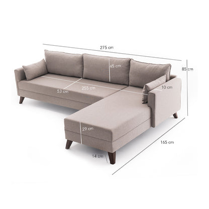 Γωνιακός Καναπές Bella Δεξιά Γωνία Υφασμάτινος Χρώμα Κρεμ 275x165x85