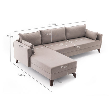 Γωνιακός Καναπές Bella Αριστερή Γωνία Υφασμάτινος Χρώμα Κρεμ 275x165x85