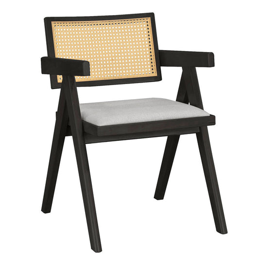 Πολυθρόνα Winslow Ξύλο Rubberwood Μαύρο-PVC Rattan Φυσικό-Ύφασμα Γκρι