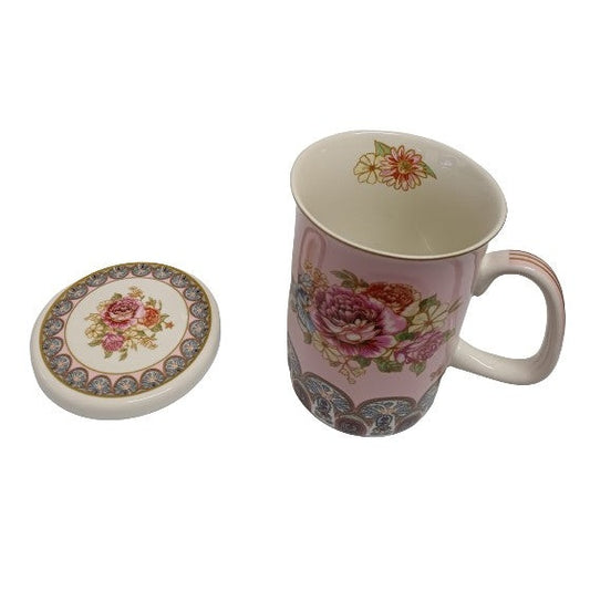 Πορσελάνινη Κούπα με Καπάκι Pink with Flowers Image 380ml