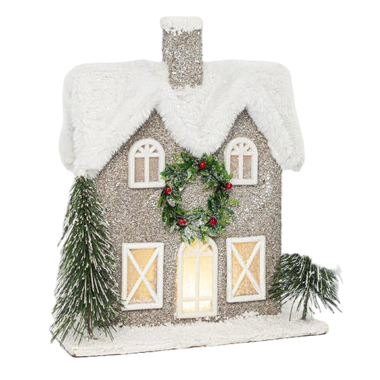 Φωτιζόμενο Σπιτάκι Διακοσμητικό Χιονισμένο με Στεφάνι 23x12x27