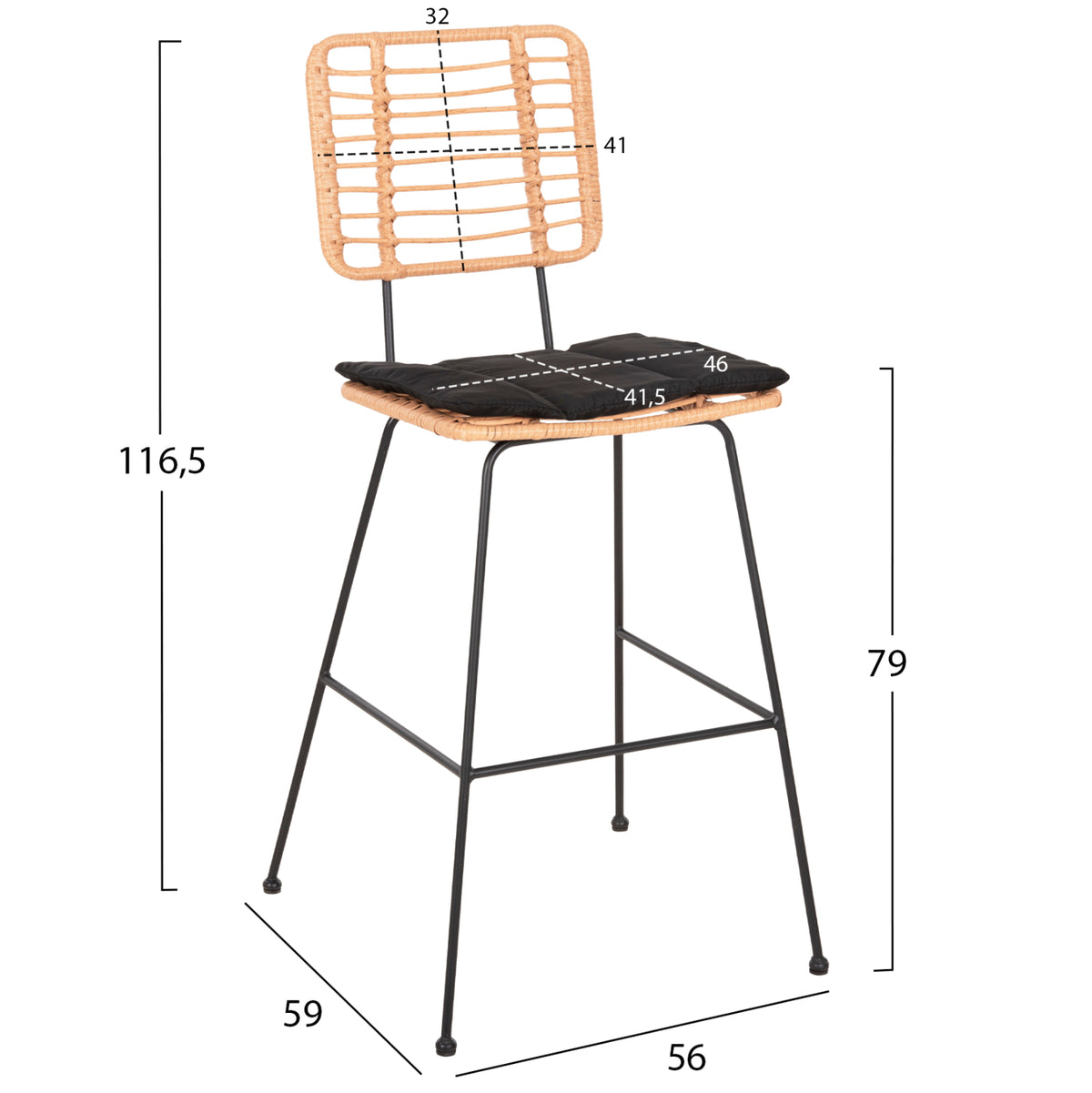 ΣΚΑΜΠΟ ΜΠΑΡ ALLEGRA ΜΕΤΑΛΛΟ & ΜΑΞΙΛΑΡΙ ΜΑΥΡΟ WICKER ΜΠΕΖ 56x59x116,5