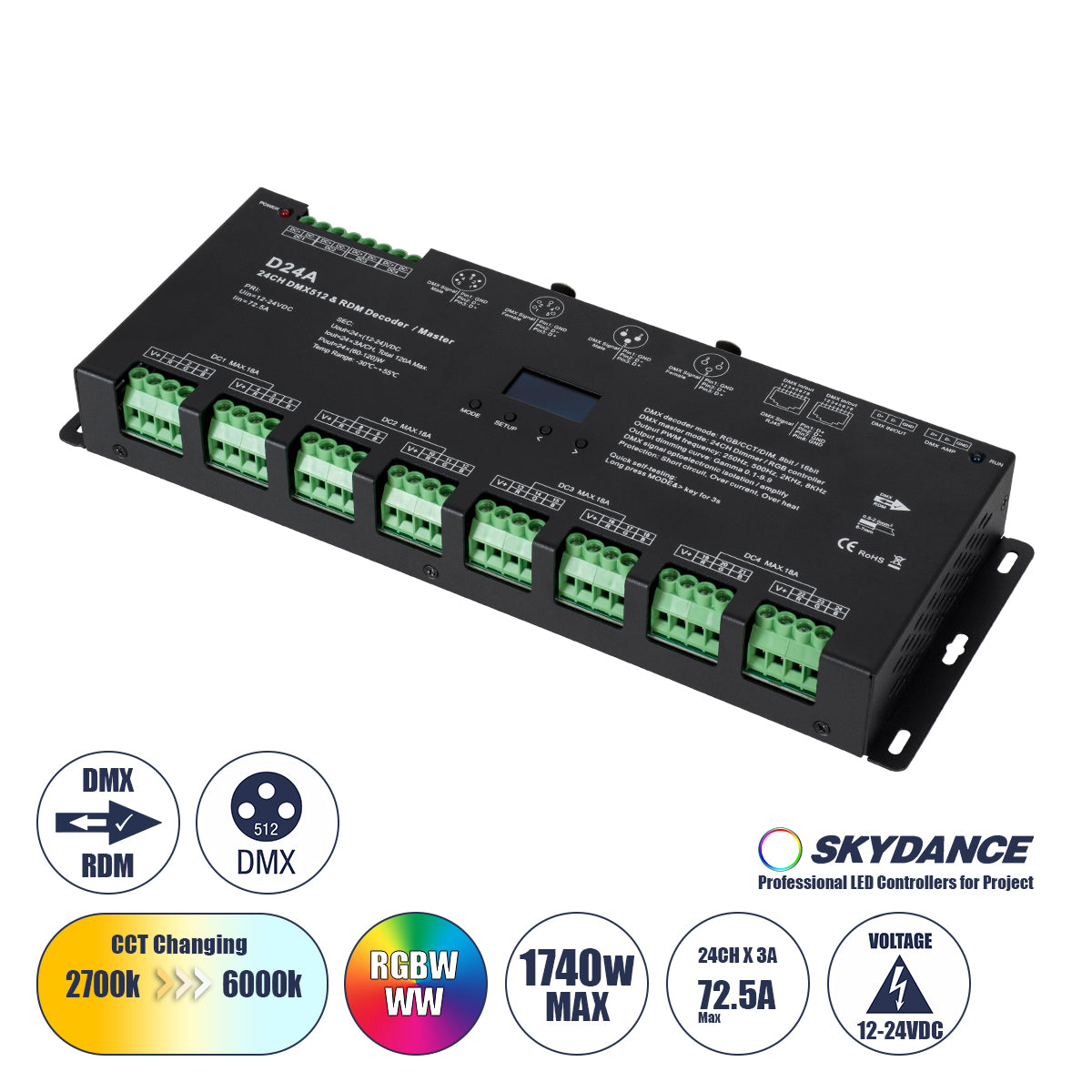 SKYDANCE-D24A 70673 DC DMX Master Dimmer / Controller / Decoder Υψηλής Ταχύτητας με 24 x 3A 72W Κανάλια DC 12-24V 72.5A 1740W Max IP20 - DMX512 & RDM - Μ16.7 x Π5 x Υ2.4