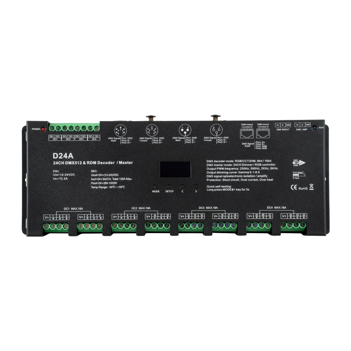 SKYDANCE-D24A 70673 DC DMX Master Dimmer / Controller / Decoder Υψηλής Ταχύτητας με 24 x 3A 72W Κανάλια DC 12-24V 72.5A 1740W Max IP20 - DMX512 & RDM - Μ16.7 x Π5 x Υ2.4