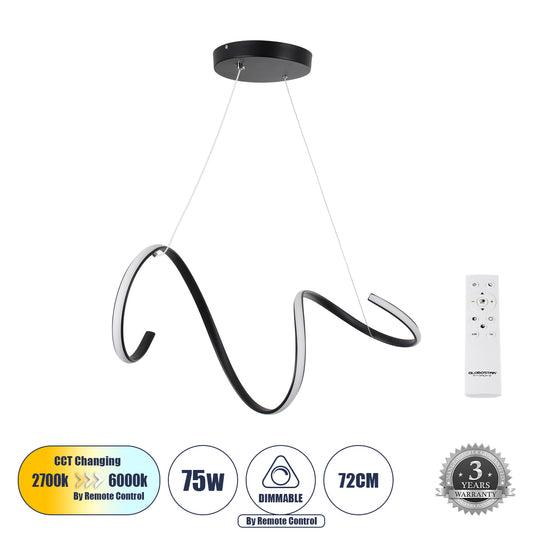 SPIRALE 61283 Κρεμαστό Φωτιστικό Οροφής Design LED CCT 75W 8400lm 300° AC 220-240V - Εναλλαγή Φωτισμού μέσω Τηλεχειριστηρίου All In One Ψυχρό 6000k+Φυσικό 4500k+Θερμό 2700k Dimmable Μ72 x Π25 x Υ30cm - Μαύρο