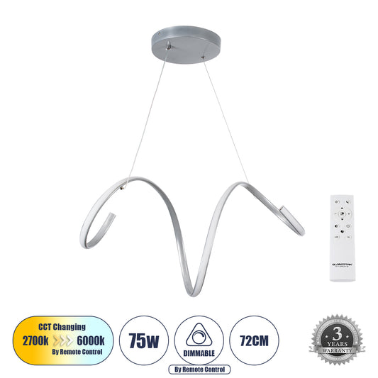 SPIRALE 61285 Κρεμαστό Φωτιστικό Οροφής Design LED CCT 75W 8400lm 300° AC 220-240V - Εναλλαγή Φωτισμού μέσω Τηλεχειριστηρίου All In One Ψυχρό 6000k+Φυσικό 4500k+Θερμό 2700k Dimmable Μ72 x Π25 x Υ30cm - Νίκελ Ασημί Βούρτσας