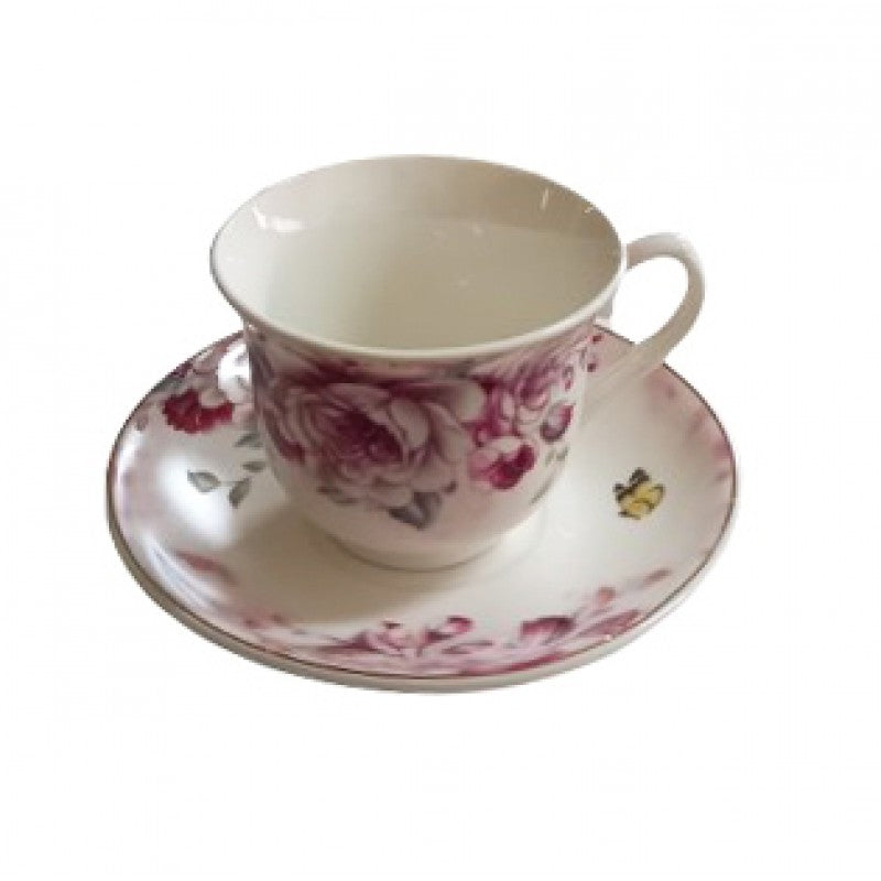 Φλυτζάνια Τσαγιού με Πιατάκια Πορσελάνινα Λευκά/Ροζ (6 Τεμ.)
