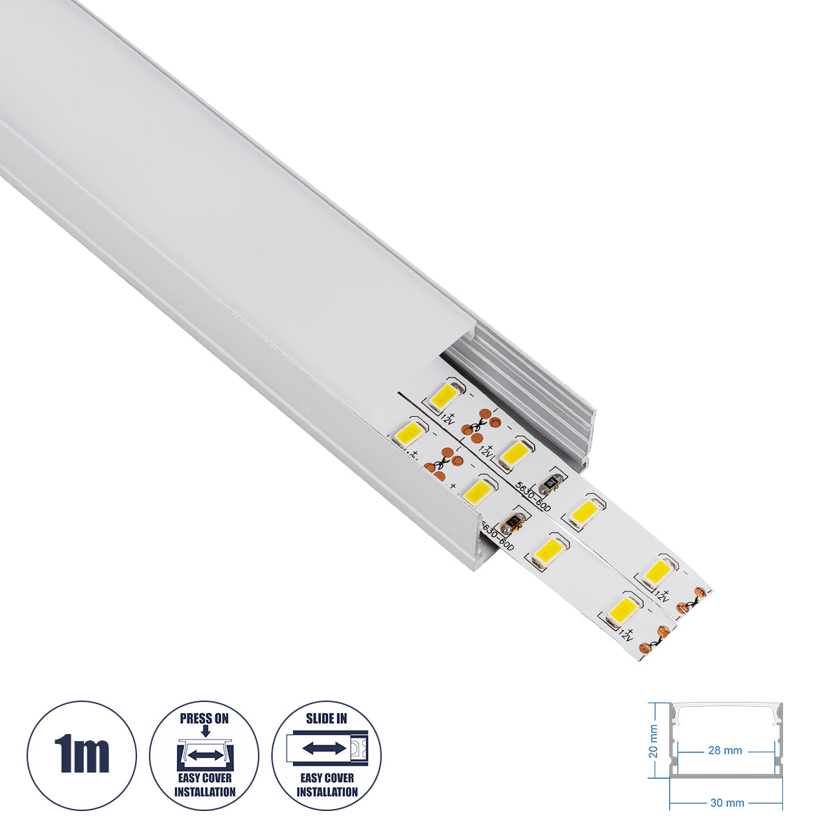 SURFACE-PROFILE 70824-1M Προφίλ Αλουμινίου - Βάση & Ψύκτρα Ταινίας LED με Λευκό Γαλακτερό Κάλυμμα - Επιφανειακή Χρήση - Πατητό Κάλυμμα - Ασημί - 1 Μέτρο - Μ100 x Π3 x Υ2cm