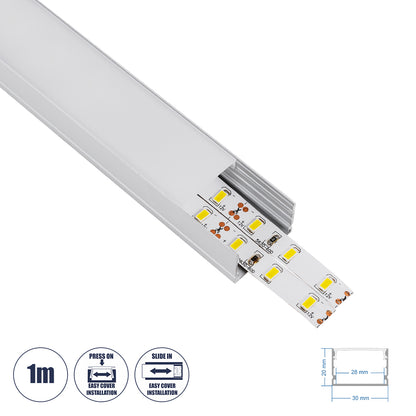 SURFACE-PROFILE 70824-1M Προφίλ Αλουμινίου - Βάση & Ψύκτρα Ταινίας LED με Λευκό Γαλακτερό Κάλυμμα - Επιφανειακή Χρήση - Πατητό Κάλυμμα - Ασημί - 1 Μέτρο - Μ100 x Π3 x Υ2cm