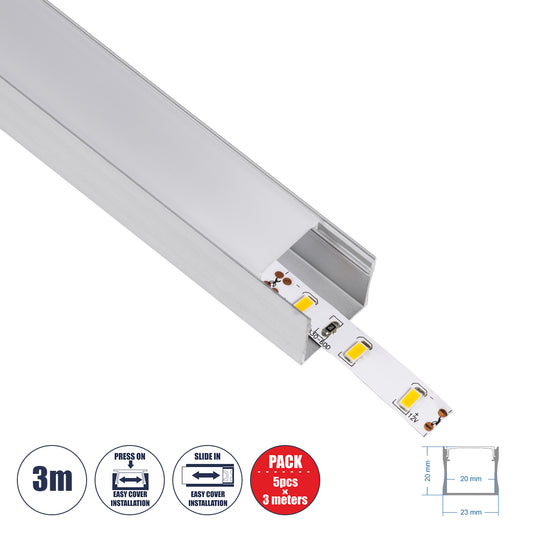 SURFACE-PROFILE 70867-3M Προφίλ Αλουμινίου - Βάση & Ψύκτρα Ταινίας LED με Λευκό Γαλακτερό Κάλυμμα - Επιφανειακή Χρήση - Πατητό Κάλυμμα - Ασημί - 3 Μέτρα - Πακέτο 5 Τεμαχίων - Μ300 x Π2.3 x Υ2cm