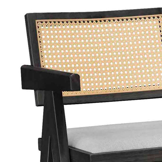 Σκαμπό Bar Winslow Ξύλο Rubberwood Μαύρο-PVC Rattan Φυσικό-Ύφασμα Γκρι