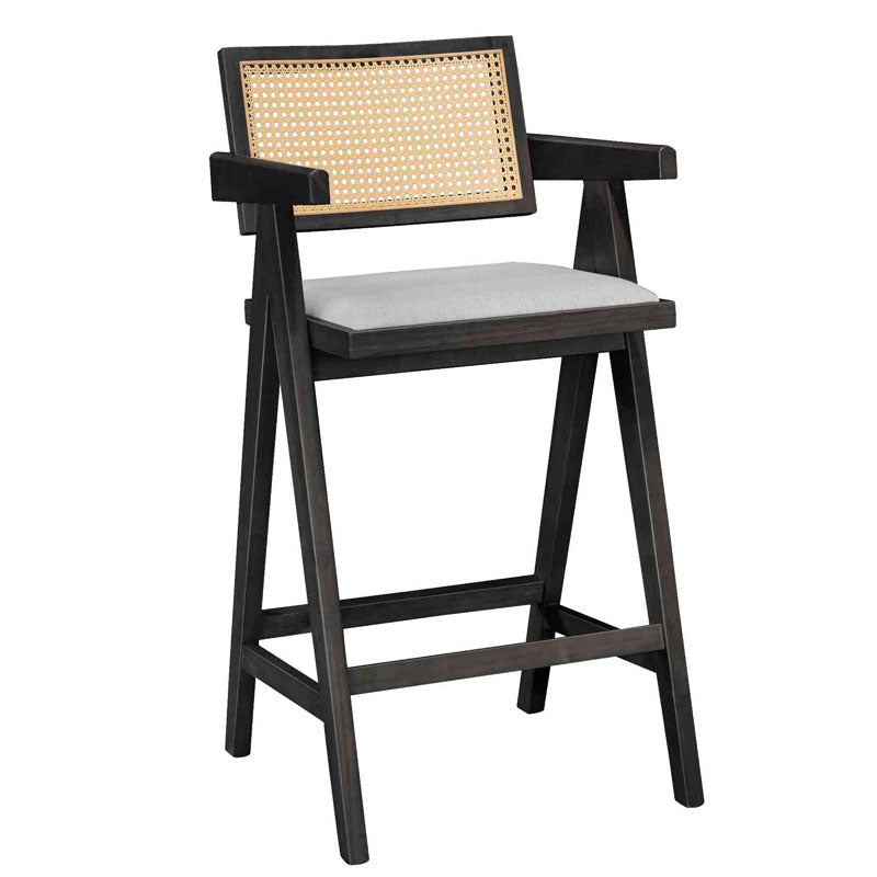 Σκαμπό Bar Winslow Ξύλο Rubberwood Μαύρο-PVC Rattan Φυσικό-Ύφασμα Γκρι