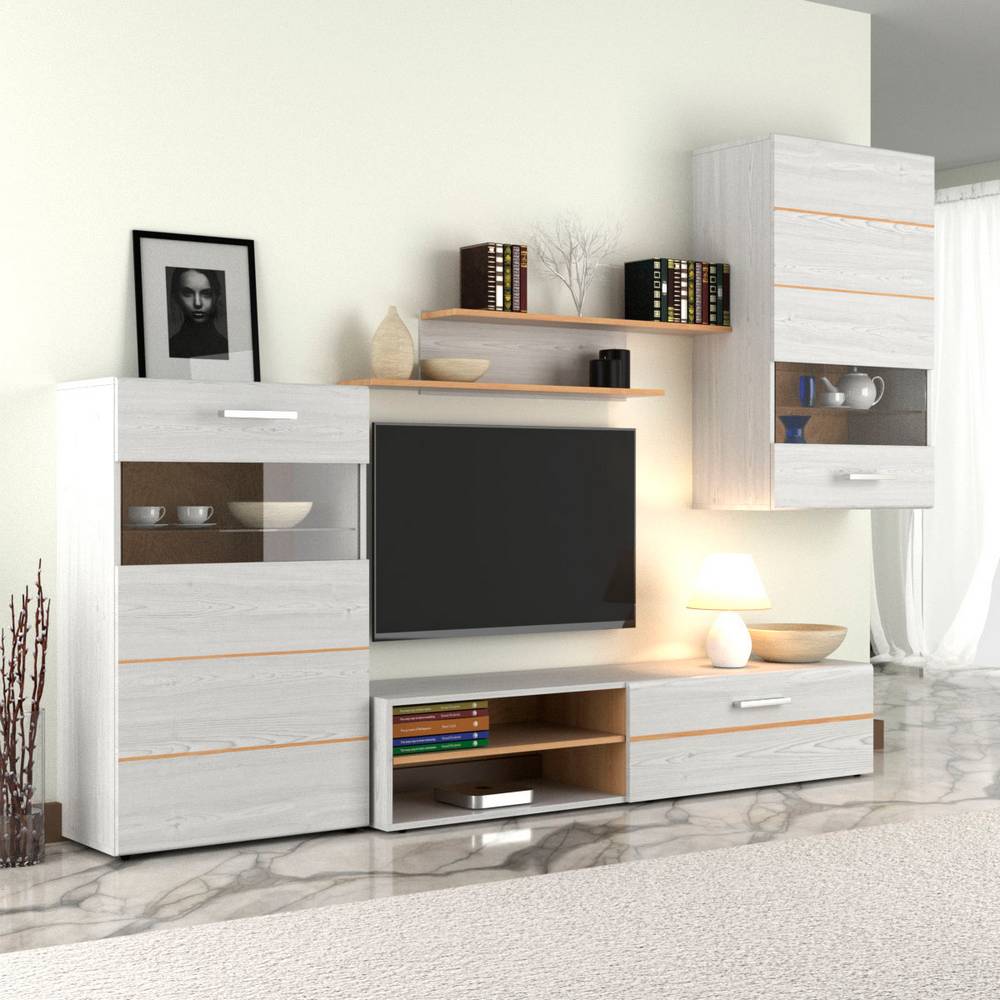 Σύνθεση Τηλεόρασης Solo Pine 293x41x184 Νορβηγικό Λευκό με Φυσικό Δρυ