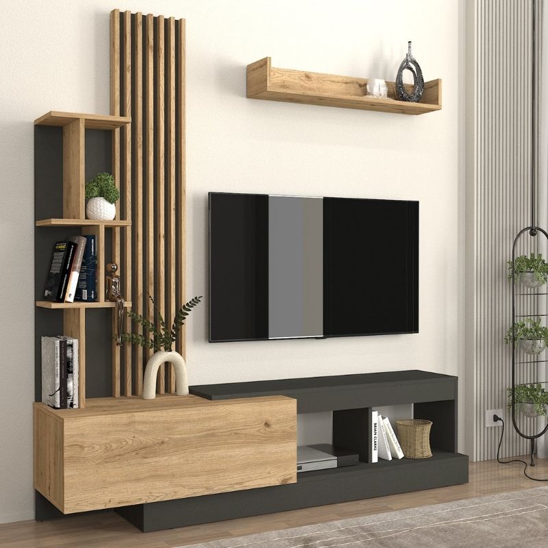Σύνθεση Τηλεόρασης Vermont Χρώμα Ανθρακί - Sepet Oak 180x40x193,8