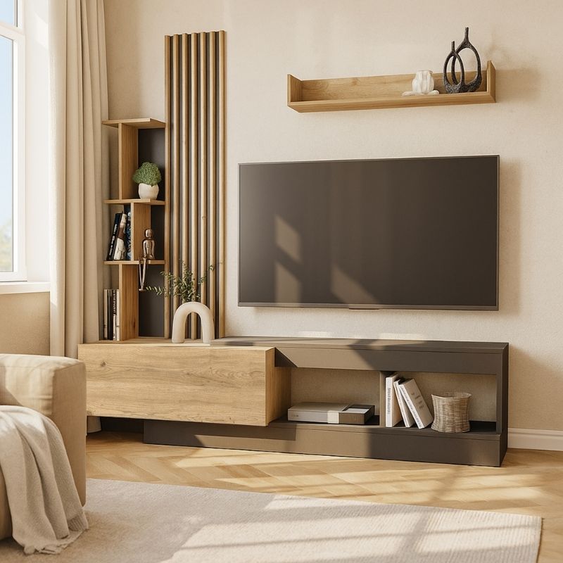 Σύνθεση Τηλεόρασης Vermont Χρώμα Ανθρακί - Sepet Oak 180x40x193,8