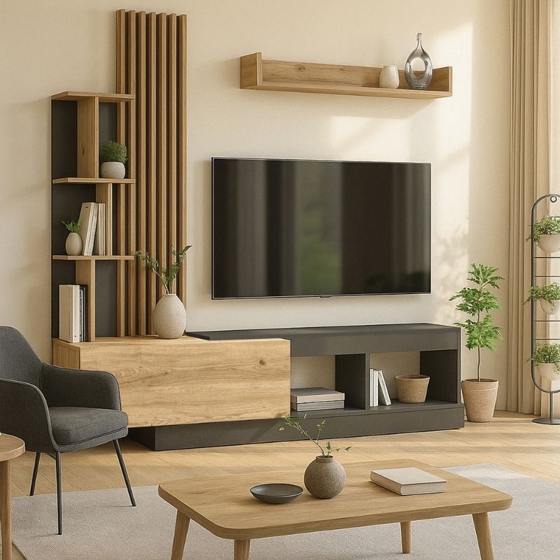 Σύνθεση Τηλεόρασης Vermont Χρώμα Ανθρακί - Sepet Oak 180x40x193,8