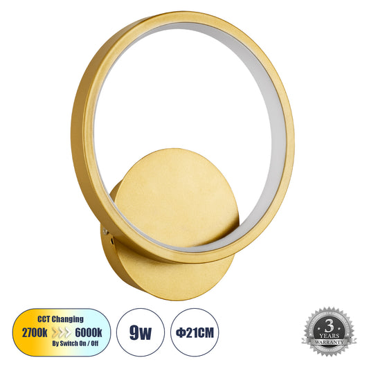 TED 61072 Μοντέρνο Φωτιστικό Τοίχου - Απλίκα LED 9W 1080lm 300° AC 220-240V IP20 Ρυθμιζόμενο Λευκό CCT με On/Off 2700K/4500K/6000K - Lumileds SMD Chip - Χρυσό Βούρτσας - Μ20 x Π5.5 x Υ23