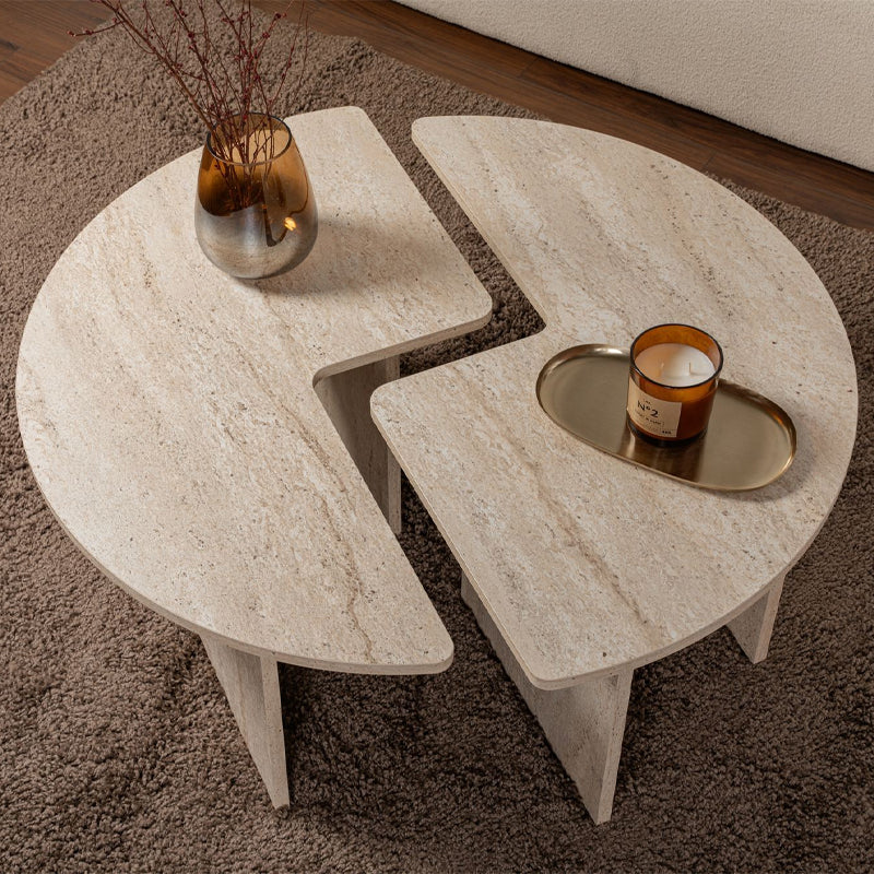 Τραπεζάκι Σαλονιού Σετ 2 Τμχ Moira Χρώμα Travertine Φ90x41