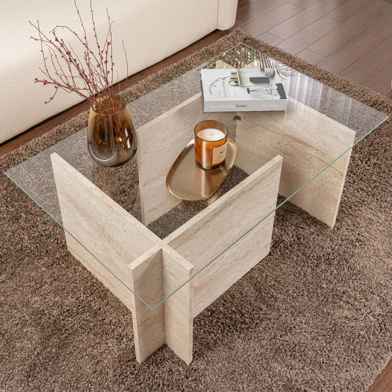 Τραπεζάκι Σαλονιού Vetrino Γυάλινο Χρώμα Travertine 105x65x40