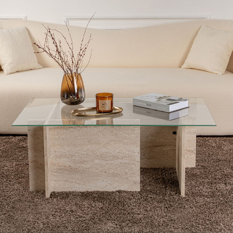 Τραπεζάκι Σαλονιού Vetrino Γυάλινο Χρώμα Travertine 105x65x40