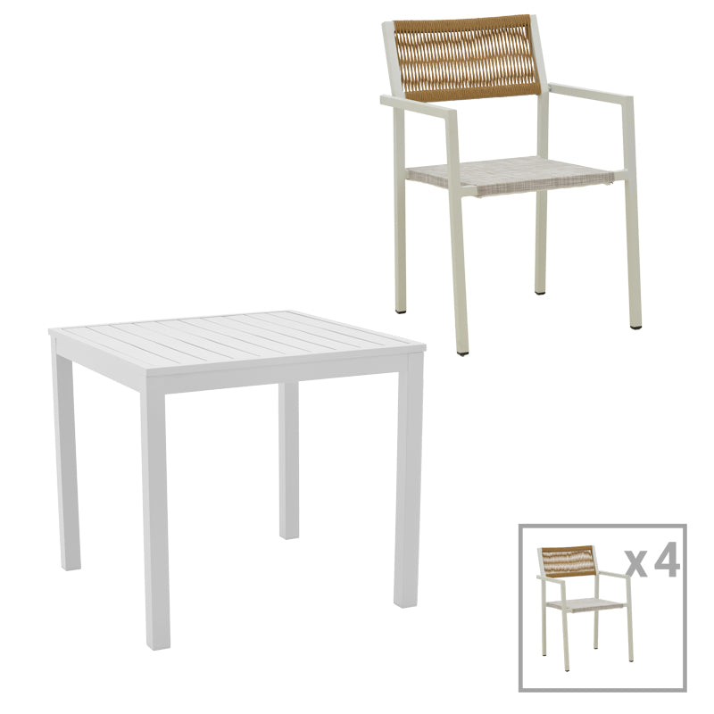 Τραπεζαρία Savor-Kliton Σετ 5 Τεμ Λευκό Αλουμίνιο και Rattan σε Φυσικό Χρώμα 80x80x74