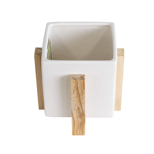 VALETA 20541 Διακοσμητικό Κεραμικό Κασπώ Γλάστρα - Flower Pot Λευκό με Μπεζ Ξύλο Φ16 x Υ16cm