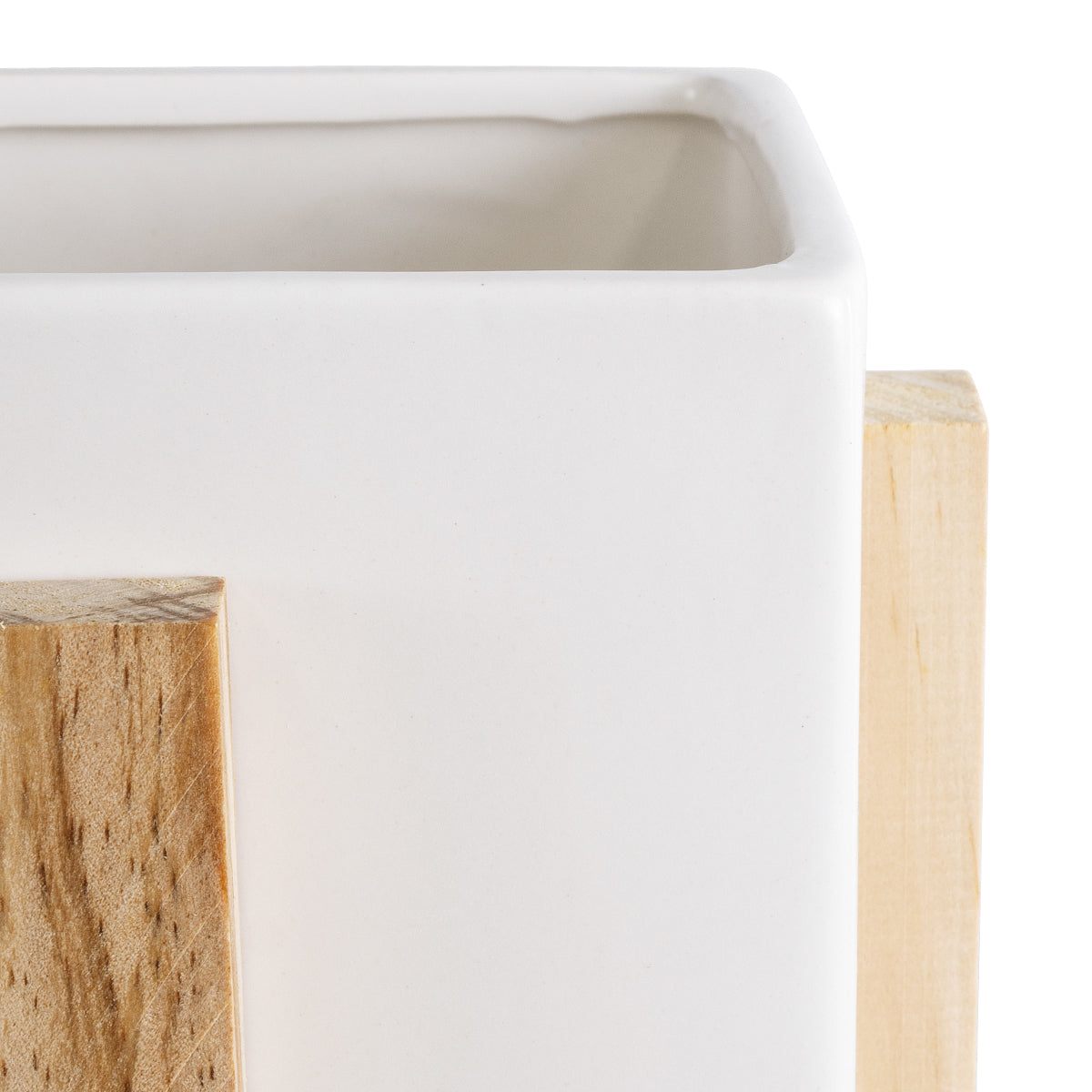 VALETA 20541 Διακοσμητικό Κεραμικό Κασπώ Γλάστρα - Flower Pot Λευκό με Μπεζ Ξύλο Φ16 x Υ16cm