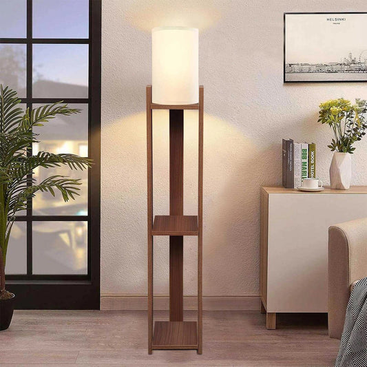 VENTORA 204-0125 Μοντέρνο Eπιδαπέδιο Φωτιστικό Μονόφωτο 1 x E27 IP20 Καφέ Ξύλο με Μπεζ Ύφασμα - Μ20 x Π20 x Υ142cm