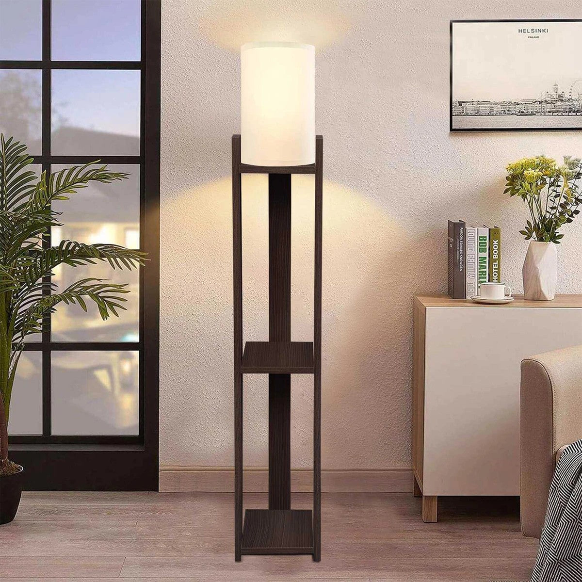 VENTORA 204-0126 Μοντέρνο Eπιδαπέδιο Φωτιστικό Μονόφωτο 1 x E27 IP20 Καφέ Ξύλο με Μπεζ Ύφασμα - Μ20 x Π20 x Υ142cm