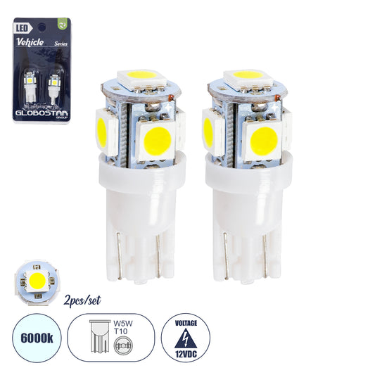 W5W-T10 81050-B Λάμπα W5W T10 LED 0.6W/1.2W 110lm/220W 360° DC 12V IP20 Ψυχρό Λευκό 6000K - 5 x Epistar SMD5050 Chip - Μ1.2 x Π1.2 x Υ2.7 - Πακέτο Blister 2 Τεμαχίων