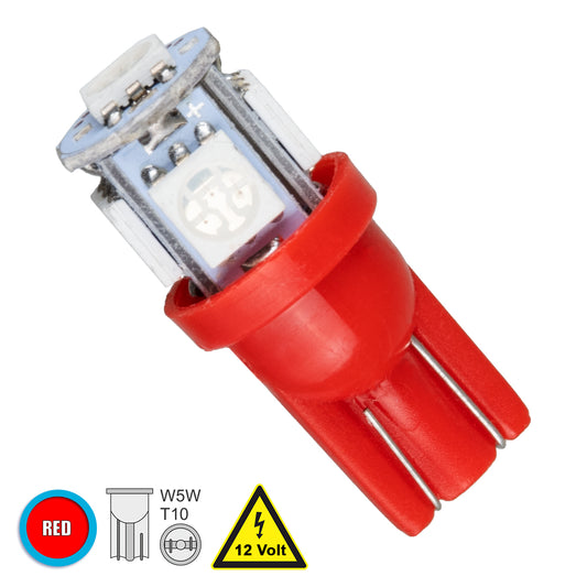 W5W-T10 81051 Λάμπα W5W T10 LED 0.6W 110lm 360° DC 12V IP20 Κόκκινο - 5 x Epistar SMD5050 Chip - Μ1.2 x Π1.2 x Υ2.7