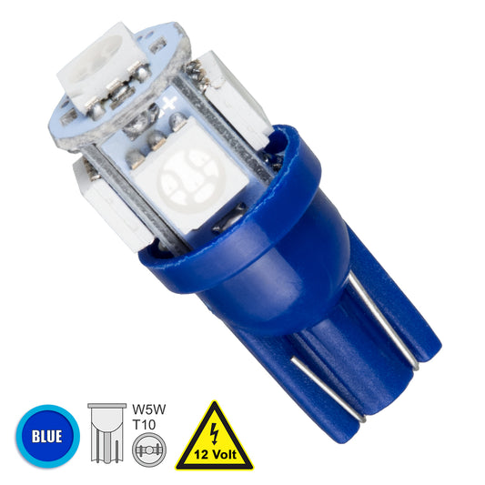 W5W-T10 81053 Λάμπα W5W T10 LED 0.6W 110lm 360° DC 12V IP20 Μπλε - 5 x Epistar SMD5050 Chip - Μ1.2 x Π1.2 x Υ2.7