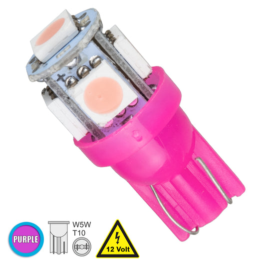 W5W-T10 81055 Λάμπα W5W T10 LED 0.6W 110lm 360° DC 12V IP20 Ροζ - 5 x Epistar SMD5050 Chip - Μ1.2 x Π1.2 x Υ2.7