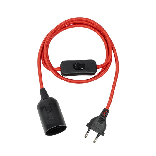 WHIP 77666 Μοντέρνο DIY Φωτιστικό με Υφασμάτινο Καλώδιο, Ντουί 1 x E27, Διακόπτη On/Off & Πρίζα AC 220-240V IP20 - Κόκκινο & Μαύρο - Μ150 x Π4 x Υ4