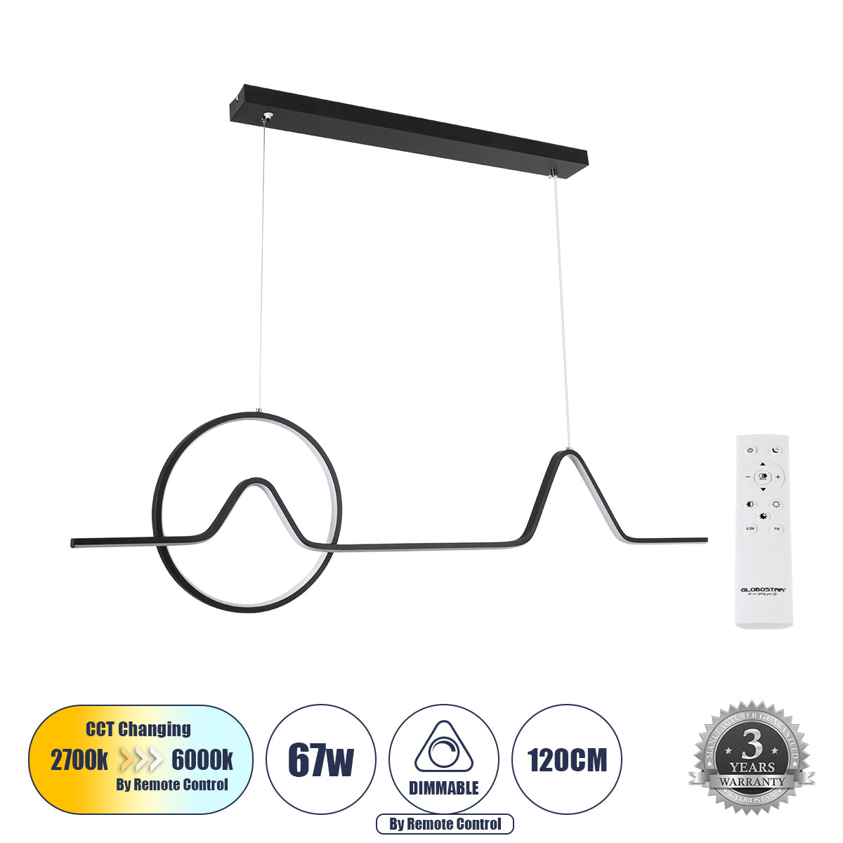 WINDY 61292 Κρεμαστό Φωτιστικό Οροφής Design LED CCT 67W 7504lm 300° AC 220-240V - Εναλλαγή Φωτισμού μέσω Τηλεχειριστηρίου All In One Ψυχρό 6000k+Φυσικό 4500k+Θερμό 2700k Dimmable Μ120 x Π4 x Υ30cm - Μαύρο