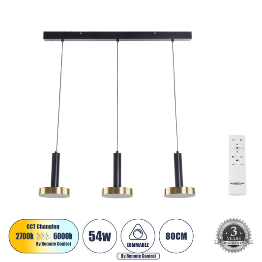 ZANE 60936 Κρεμαστό Φωτιστικό Design LED CCT 54W 6048lm 120° AC 220-240V IP20 - Εναλλαγή Φωτισμού μέσω Τηλεχειριστηρίου All In One Ψυχρό 6000k+Φυσικό 4500k+Θερμό 2700k Dimmable - Μ80 x Π15 x Υ20cm - Μαύρο & Χρυσό