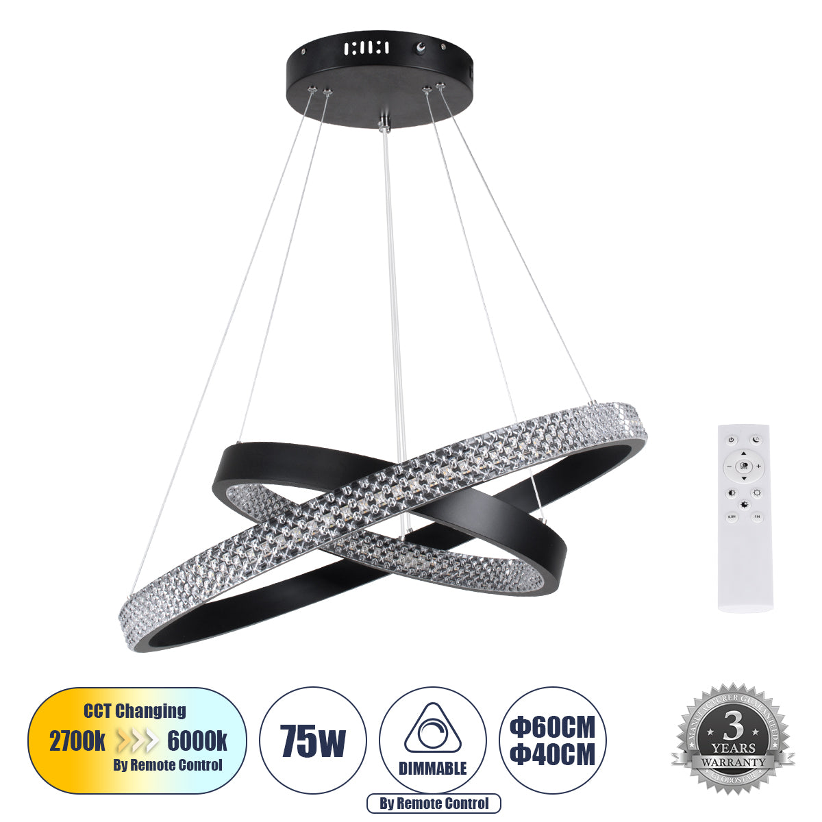 DIAMOND DUO 61150-DECO Μοντέρνο Κρεμαστό Φωτιστικό Οροφής LED 75W 8743lm 360° AC 220-240V IP20 Ρυθμιζόμενο Λευκό CCT με Χειριστήριο από 2700K έως 6000K Dimmable - Lumileds SMD Chip - Μαύρο - Μ60 x Π60 x Υ40