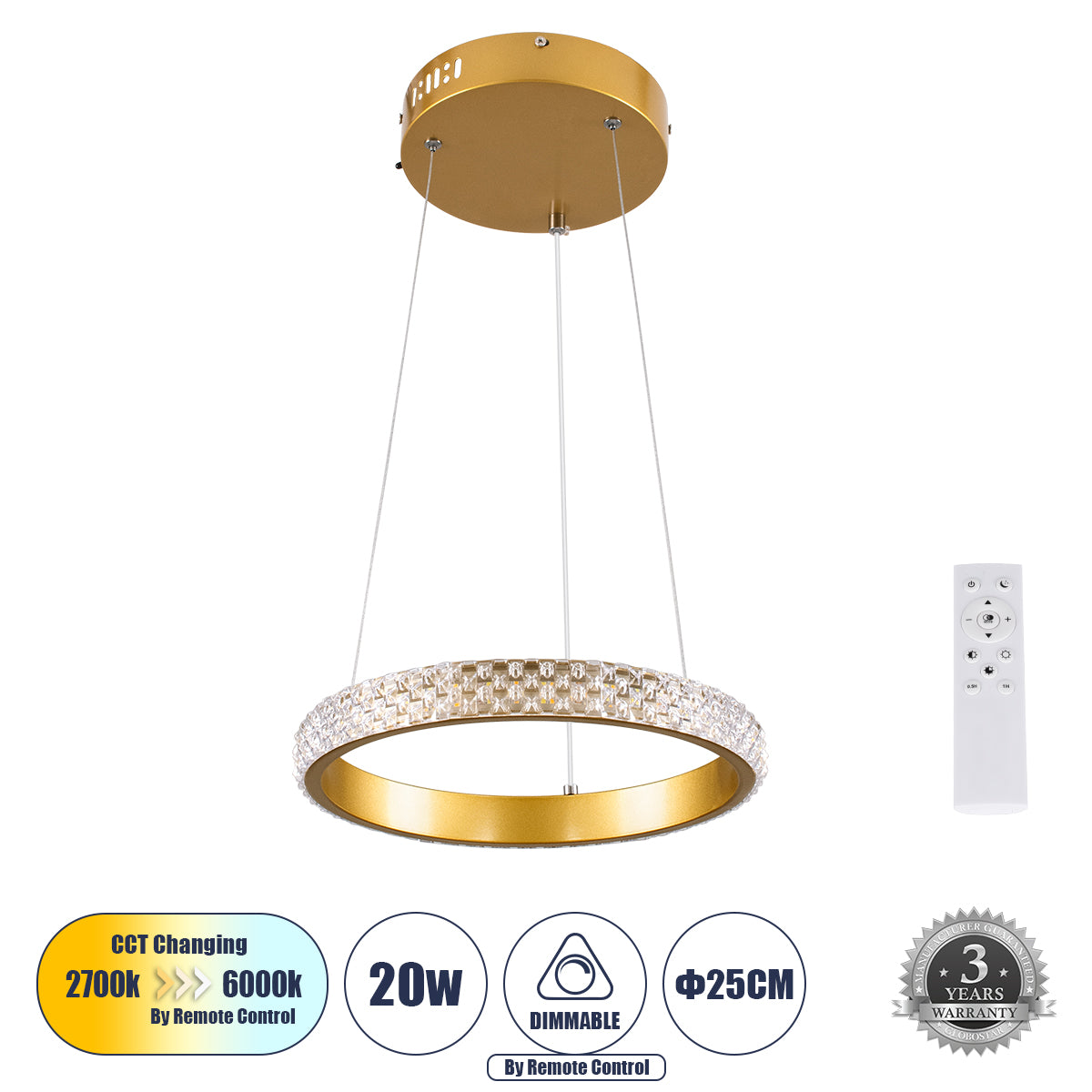 DIAMOND 61127 Κρεμαστό Φωτιστικό Δαχτυλίδι-Κύκλος LED CCT 20W 2356lm 360° AC 220-240V - Εναλλαγή Φωτισμού μέσω Τηλεχειριστηρίου All In One Ψυχρό 6000k+Φυσικό 4500k+Θερμό 2700k Dimmable Φ25cm - Χρυσό Βούρτσας