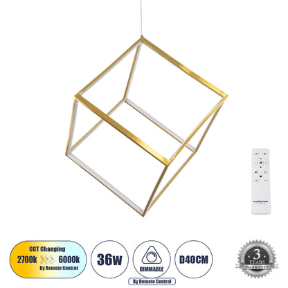 KIBOO 60930 Μοντέρνο Κρεμαστό Φωτιστικό Οροφής LED 36W 4150lm 360° AC 220-240V IP20 Ρυθμιζόμενο Λευκό CCT με Χειριστήριο από 2700K έως 6000K Dimmable - Lumileds SMD Chip - Χρυσό Βούρτσας - Μ40 x Π40 x Υ40