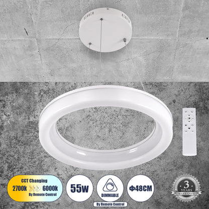 ARIANA 61038 Κρεμαστή Πλαφονιέρα Οροφής Κύκλος LED CCT 55W 6376lm 120° AC 220-240V - Εναλλαγή Φωτισμού μέσω Τηλεχειριστηρίου All In One Ψυχρό Λευκό 6000k+Φυσικό Λευκό 4500k+Θερμό Λευκό 2700k Dimmable Φ48cm - Λευκό