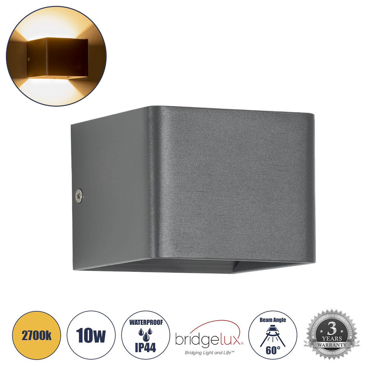 CIRCOA 60534 Μοντέρνο Φωτιστικό Τοίχου - Απλίκα LED 10W 1000lm 60° AC 220-240V Αδιάβροχο IP44 Θερμό Λευκό 2700K - Bridgelux COB Chip & TÜV SÜD Driver - Γκρι Ανθρακί Ματ - Μ10 x Π8 x Υ10